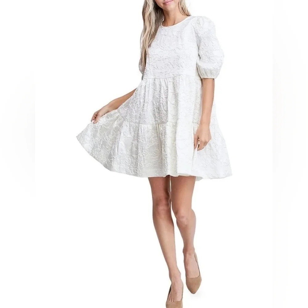 En Saison White Jacquard Mini Dress Puff Sleeve Babydoll Coquette XS Romantic